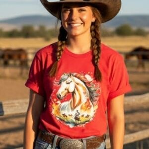 🐎 Cowgirl & Horse Red Graphic Tee | Western Watercolor Art Shirt